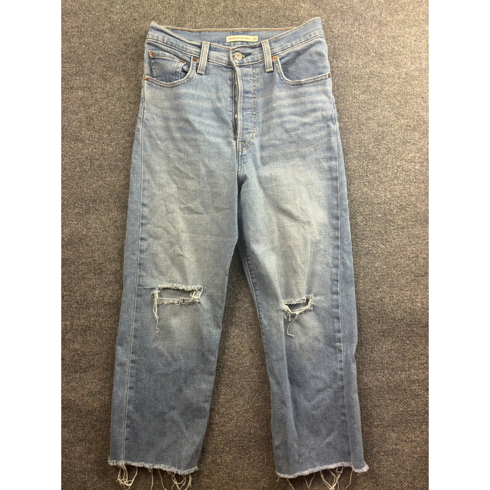 Levi's Ribcage Straight Ankle Jeans Womens 28 Blue Distressed Raw Hem High Rise